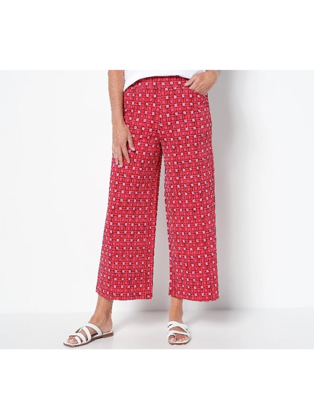 Isaac Mizrahi Live Size 1X Tall Mixed Print Pebble Knit Pant Pink Polyester NEW